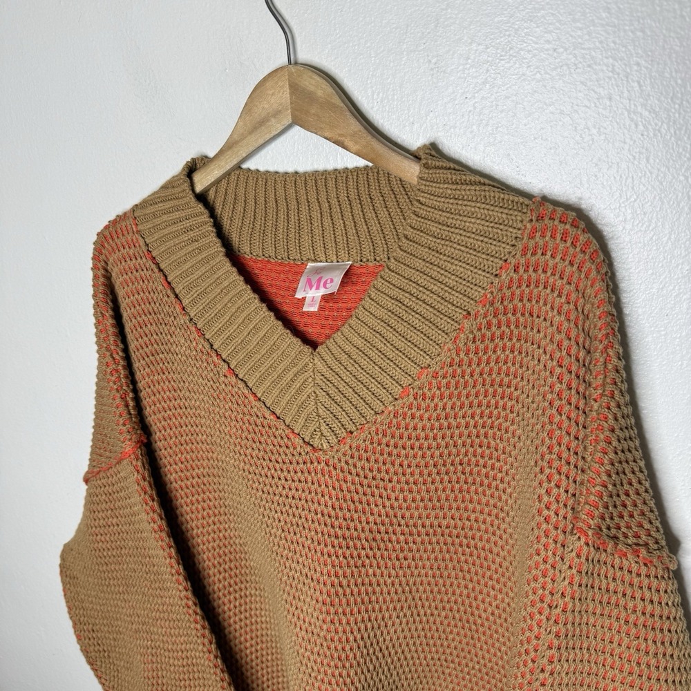 So Me Oversized V-neck Two Toned Textured Sweater Orange Boho Fall Women's Large - Picture 2 of 11